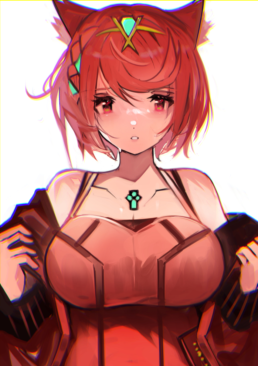1girl absurdres alternate_costume animal_ear_fluff animal_ears bob_cut breasts camisole cat_ears cat_girl chest_jewel commentary_request cosplay gem green_gemstone highres kemonomimi_mode large_breasts looking_at_viewer mio_(xenoblade) mio_(xenoblade)_(cosplay) parted_lips pyra_(xenoblade) red_eyes red_hair short_hair shoulder_strap simple_background solo swept_bangs tank_top tarbo_(exxxpiation) tiara white_background xenoblade_chronicles_(series) xenoblade_chronicles_2 xenoblade_chronicles_3