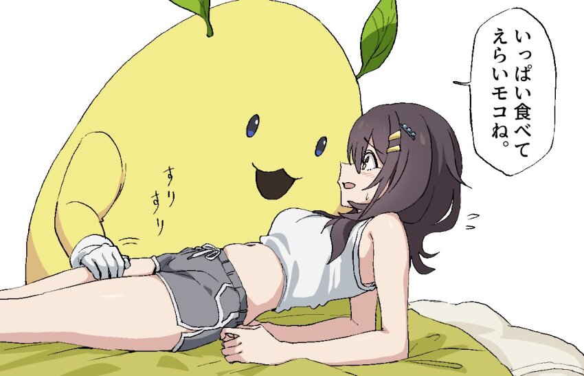 1girl bare_shoulders black_shorts blush brown_hair dolphin_shorts flying_sweatdrops from_side green_eyes hair_ornament hairclip hibi_wa_sugiredo_meshi_umashi kawai_mako lying midriff momomatang navel on_back open_mouth short_shorts shorts sleeveless speech_bubble stuffed_toy white_background
