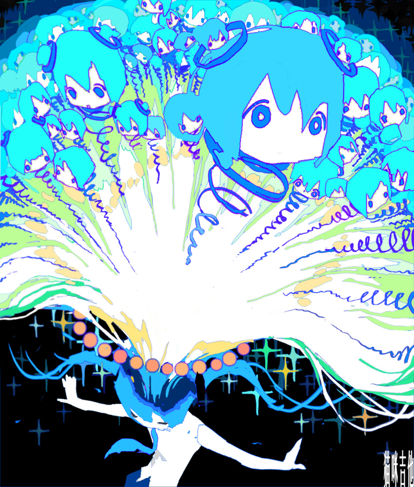 1girl abstract artist_name blue_eyes blue_hair chibi chinese_commentary commentary_request disembodied_head explosion floating_hair hair_ornament hatsune_miku highres kikuo long_hair maomi_jita outstretched_arms sparkle spiral split_head spread_arms spring_(object) surreal too_many twintails vocaloid
