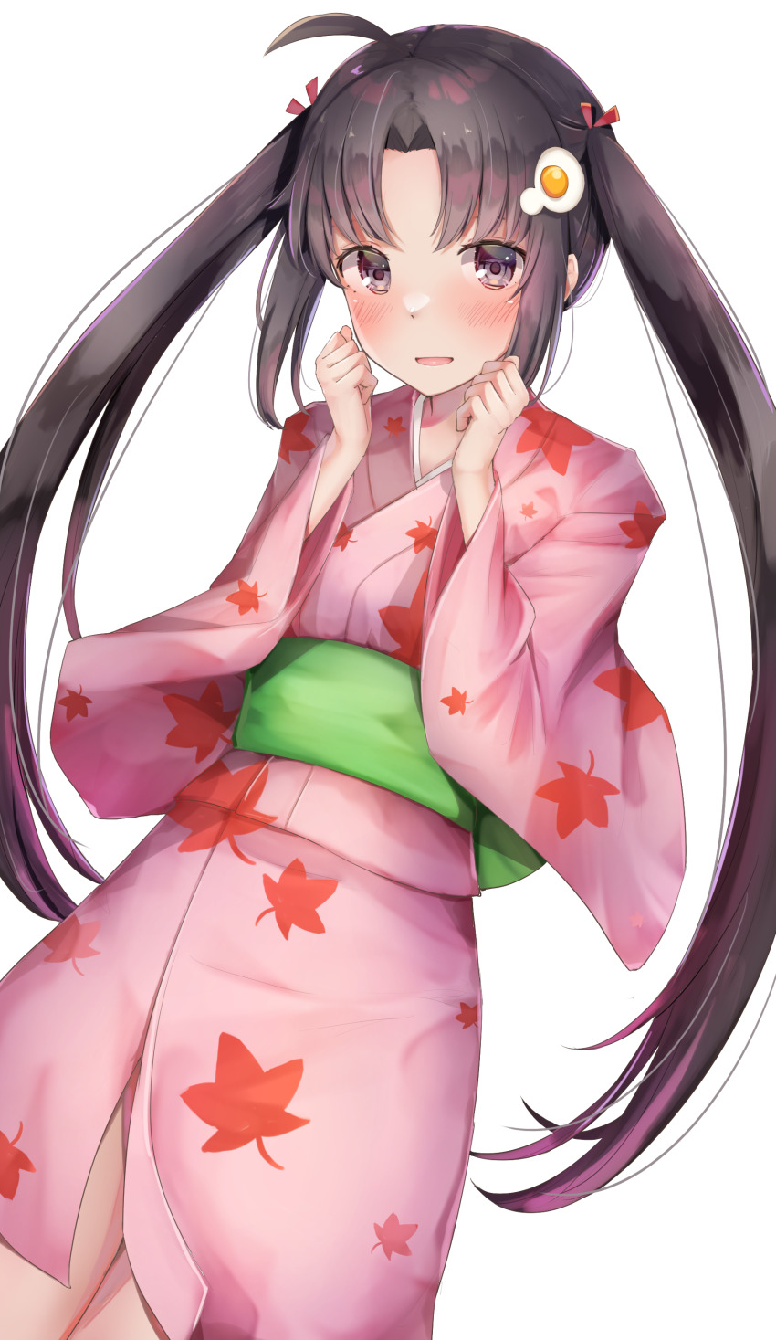 1girl absurdres ahoge araragi_tsukihi black_eyes black_hair blush cowboy_shot dutch_angle egg_hair_ornament food-themed_hair_ornament hair_ornament hair_tie hands_up highres japanese_clothes kimono long_sleeves looking_at_viewer monogatari_(series) obi open_mouth parted_bangs pink_kimono red_ribbon ribbon sash sidelocks simple_background solo twintails white_background wide_sleeves yuunamida_uyu