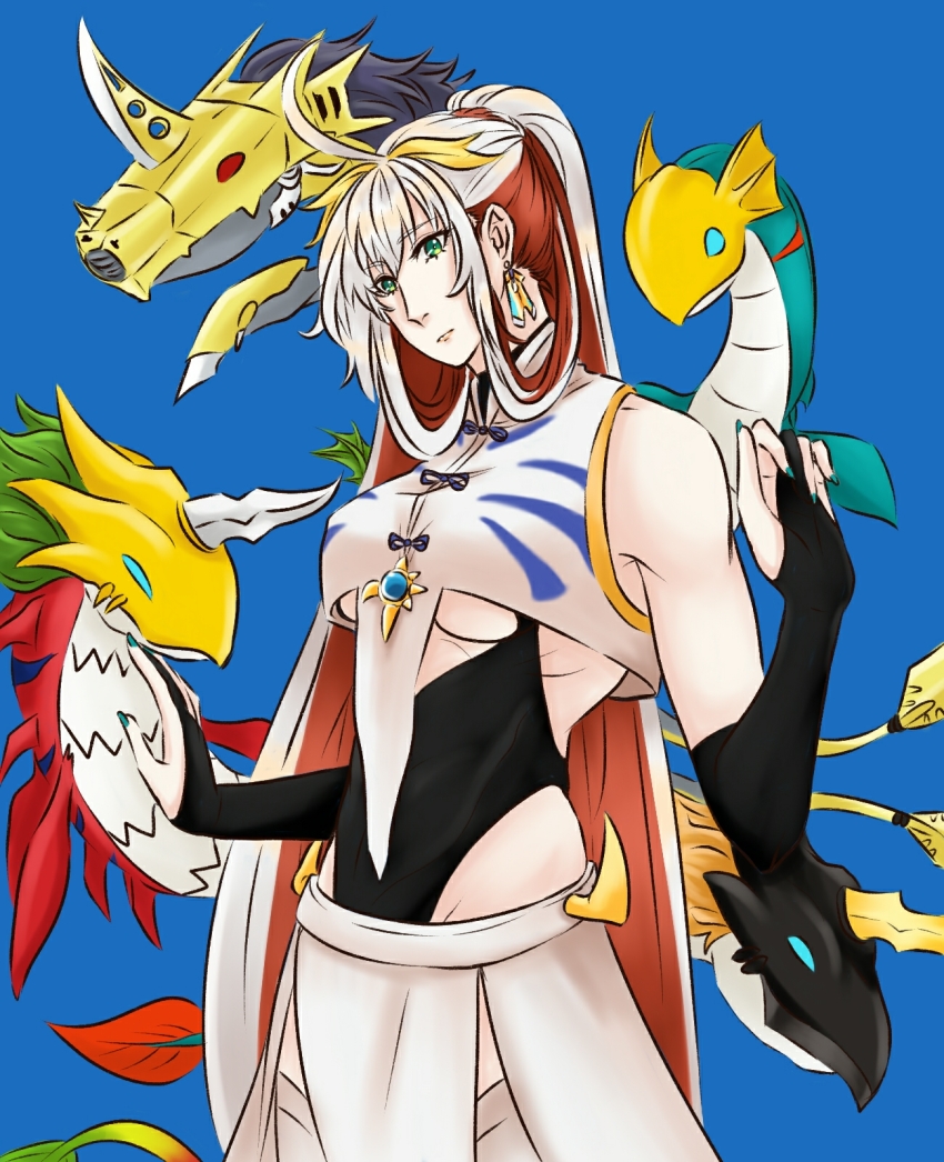 1girl breasts digimon green_eyes highres large_breasts long_hair megaseadramon metalseadramon omegamon personification red_hair seadramon solo underboob waruseadramon white_hair