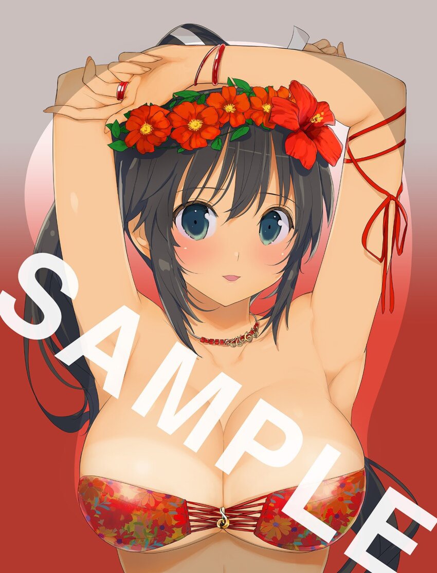 1girl armpits arms_up black_hair bracelet breast_mousepad breasts cleavage flower hair_flower hair_ornament highres homura_(senran_kagura) jewelry marvelous mousepad_(medium) necklace sample_watermark senran_kagura swimsuit tan tanline watermark yaegashi_nan
