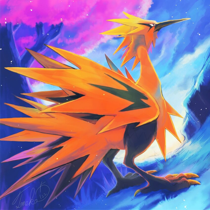 animal_focus artist_name bird black_eyes claws colored_sclera commentary_request dated galarian_form galarian_zapdos gen_8_pokemon grass highres legendary_pokemon nintendo no_humans pokemon pokemon_(creature) signature standing toneko tree wings yellow_sclera