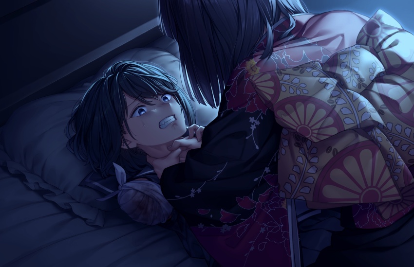 2girls amputee bandages bed black_hair blue_eyes clenched_teeth game_cg green_hair highres japanese_clothes kaguyuzu kimono kuryo_nozomi looking_at_another lying moonlight multiple_girls nie_no_hakoniwa night non-web_source on_back pillow shiki_kyoko short_hair strangling teeth upper_body