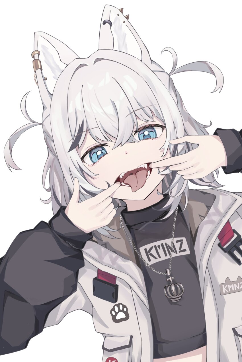 1girl absurdres animal_ears black_sweater blue_eyes chain chain_necklace dog_ears ear_piercing earclip fang finger_in_own_mouth hand_up heart highres jacket jewelry kmnz long_sleeves looking_at_viewer medium_hair mouth_pull multicolored_hair necklace no_name_ver1 open_mouth paw_print piercing print_sweater solo streaked_hair sweater teeth tina_(kmnz) tongue tongue_out turtleneck turtleneck_sweater two_side_up upper_body virtual_youtuber white_background white_hair white_jacket