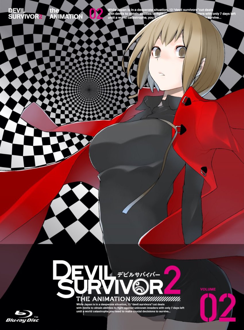 10s 1girl black_shirt brown_hair coat devil_survivor_(series) devil_survivor_2 dress female_focus geometric_pattern gradient_background highres looking_at_viewer nitta_io official_art parted_lips red_coat shirt short_dress short_hair solo yasuda_suzuhito