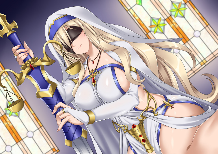 1girl blindfold blonde_hair blue_eyes breasts bridal_gauntlets church closed_mouth commentary_request dress goblin_slayer! highres holding holding_staff indoors jewelry large_breasts long_hair necklace paid_reward_available polearm sideboob sideless_dress sitting solo staff sword_maiden swordstaff thighs veil very_long_hair wariza wavelevel5 weapon weighing_scale white_dress white_veil