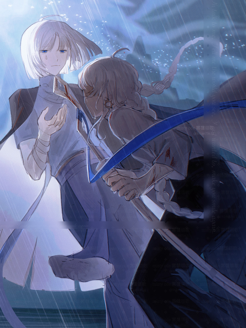 1boy 1girl ahoge black_pants blood blood_on_arm blood_on_clothes braid chinese_commentary commentary_request crying crying_with_eyes_open earrings grey_shirt highres jewelry long_hair long_sleeves nekoneko_(jueyuanti) outdoors pants rain shirt short_hair short_sleeves sky:_children_of_the_light tears turtleneck twin_braids white_hair