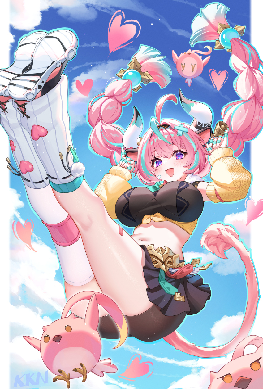 1girl :d absurdres ahoge animal_ears aqua_hair blue_sky braid breasts cloud cow_ears cow_girl cow_horns cow_tail ear_bell full_body genshin_impact hair_bun heart highres horns lalazyt leg_warmers long_hair looking_at_viewer navel open_mouth pink_hair purple_eyes shoes single_thighhigh sky smile solo stomach tail thighhighs thighs twin_braids varesa_(genshin_impact) white_leg_warmers white_thighhighs