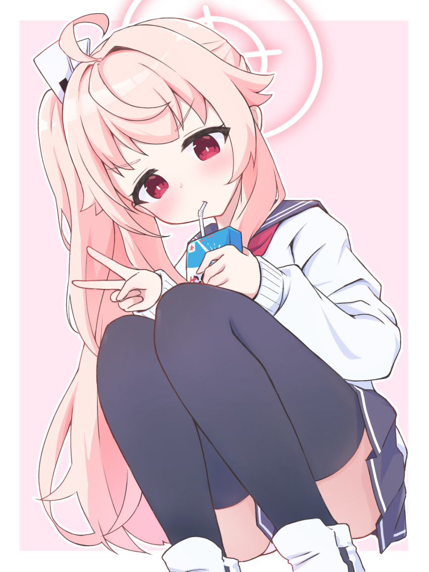 1girl ahoge ass black_sailor_collar black_skirt black_thighhighs blue_archive blush cardigan drink drinking_straw drinking_straw_in_mouth halo highres holding holding_drink karupa_(karupapon) long_hair long_sleeves natsu_(blue_archive) pink_hair pink_halo pleated_skirt red_eyes sailor_collar shoes side_ponytail skirt solo thighhighs v white_cardigan white_shoes