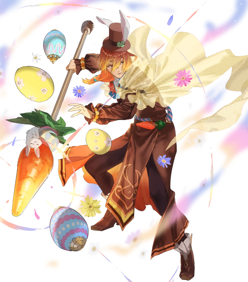 1boy animal_ears brown_eyes circlet easter_egg egg fake_animal_ears fire_emblem fire_emblem_echoes:_shadows_of_valentia fire_emblem_heroes flower full_body hat hat_with_ears highres holding holding_polearm holding_weapon long_hair low-tied_long_hair luthier_(fire_emblem) luthier_(spring)_(fire_emblem) male_focus mayo_(becky2006) nintendo non-web_source official_art orange_hair parted_lips pointy_footwear polearm rabbit_ears solo transparent_background weapon