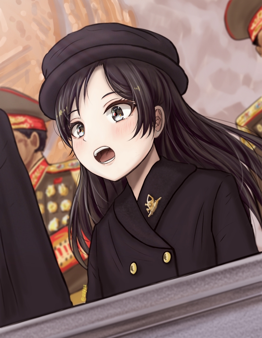 1girl 2boys black_hair brooch buttons child chinese_commentary coat double-breasted grey_eyes hat highres jewelry kim_ju-ae long_hair military_dress_uniform military_uniform multiple_boys north_korea open_mouth pale_skin real_life soldier solo_focus wuyuu
