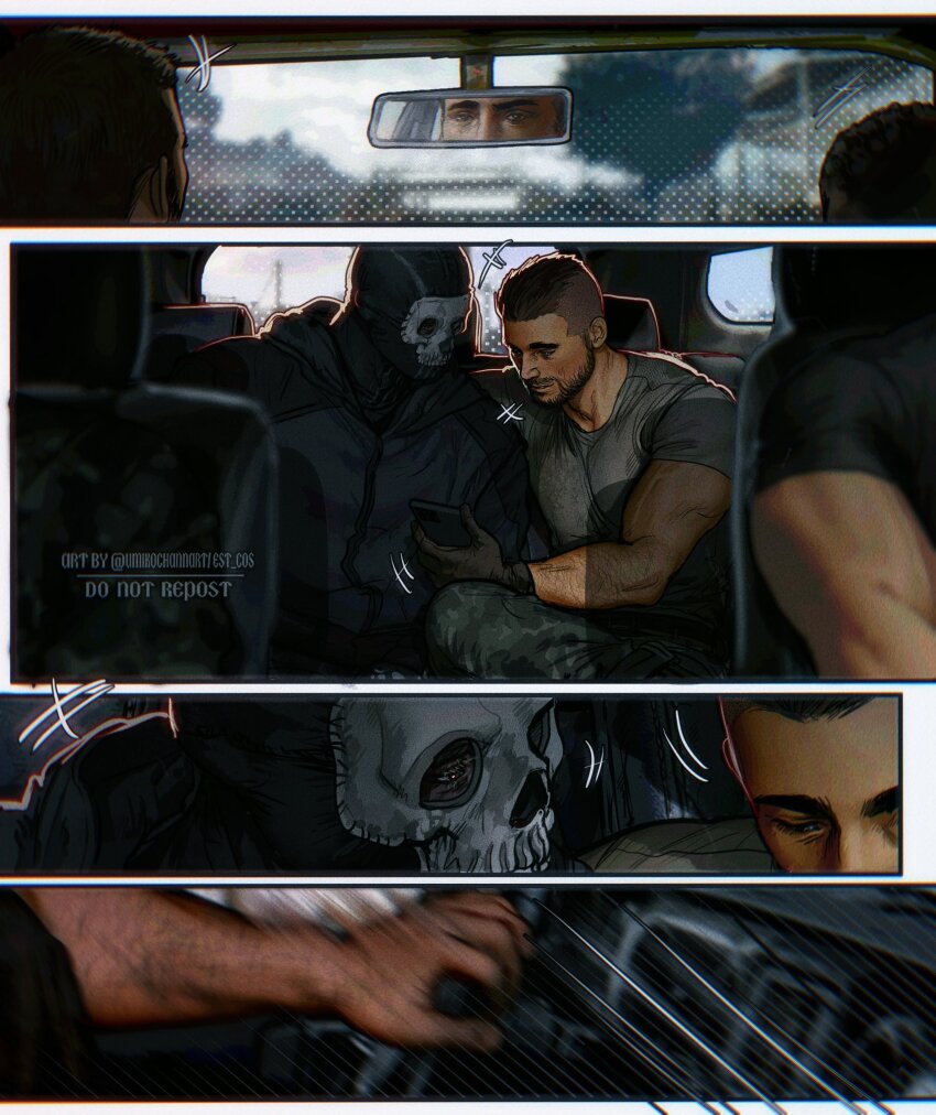 4boys bara black_gloves black_hair black_jacket black_shirt call_of_duty call_of_duty:_modern_warfare_2 camouflage camouflage_pants captain_price facial_hair gaz_(call_of_duty_4) ghost_(modern_warfare_2) gloves green_pants highres holding holding_phone jacket large_pectorals looking_at_phone male_focus mask multiple_boys muscular muscular_male pants pectorals phone shirt short_hair skull_mask soap_(modern_warfare_2) twitter_username umikochannart