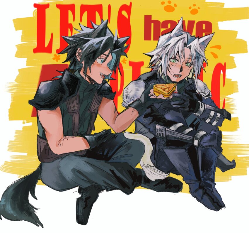 2boys animal_ears armor black_gloves black_hair blue_eyes blush boots cat_boy cat_ears cat_tail dull_flranks english_text final_fantasy final_fantasy_vii final_fantasy_vii_ever_crisis food gloves green_eyes grey_hair highres holding holding_food kemonomimi_mode looking_at_another male_focus multiple_boys open_mouth pauldrons paw_print sephiroth sephiroth_(ever_crisis) short_hair shoulder_armor sitting sleeveless sleeveless_turtleneck slit_pupils smile tail turtleneck wolf_ears wolf_tail yaoi zack_fair
