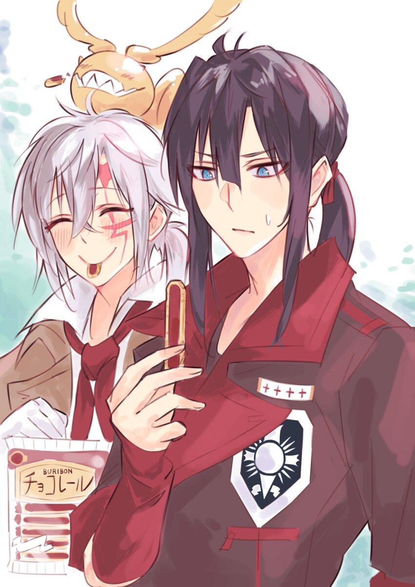 2boys allen_walker badge black_order_uniform blue_eyes blush brown_coat chocolate closed_eyes coat collared_coat collared_shirt creature creature_on_head d.gray-man eating facial_mark food george_man gloves golem_(d.gray-man) hair_between_eyes highres holding holding_chocolate holding_food kanda_yuu long_hair looking_at_food low_ponytail medium_hair military military_uniform multiple_boys necktie ponytail purple_hair red_necktie red_stripes red_wrist_cuffs scar scar_on_face sharp_teeth shirt short_ponytail sidelocks single_glove star_(symbol) star_facial_mark striped_coat sweat tail teeth timcanpy trench_coat white_gloves white_hair white_shirt wings wrist_cuffs