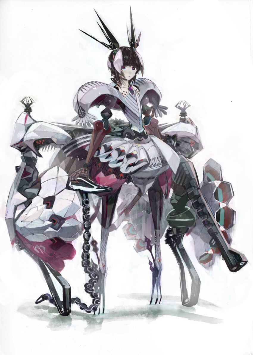 1girl android black_hair commentary_request full_body highres looking_at_viewer okama original robot short_hair simple_background solo white_background
