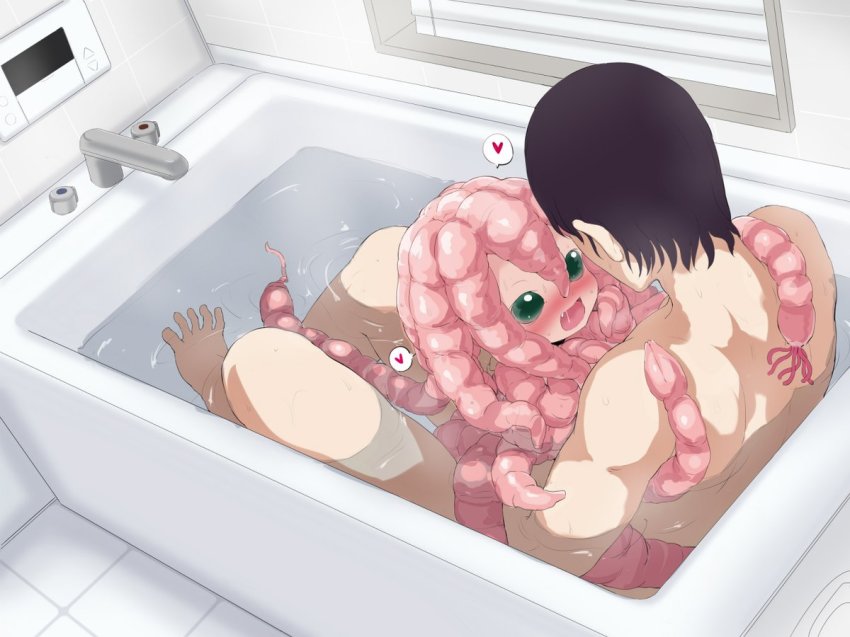 1boy 1girl :d bad_id bad_twitter_id bathtub blush colored_skin fang green_eyes gulp5959 heart hetero hug indoors long_hair mixed-sex_bathing monster monster_girl open_mouth original pink_hair pink_skin purple_hair saliva scylla shared_bathing smile spoken_heart tentacle_hair water