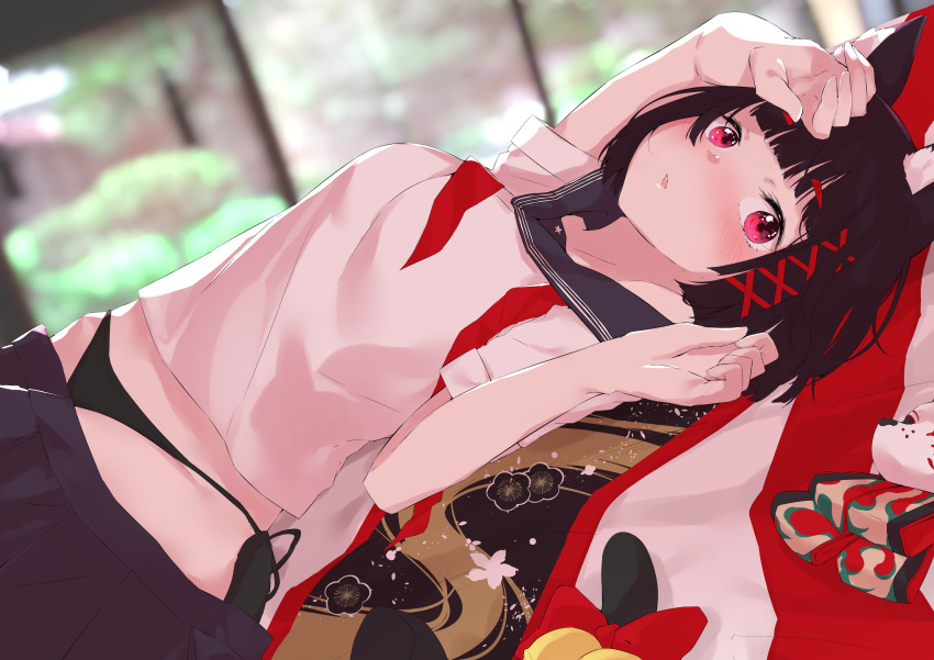 1girl absurdres animal_ear_fluff animal_ears azur_lane bell black_hair black_panties black_skirt blue_sailor_collar blunt_bangs blush breasts cat_ears cat_tail clothes_pull collarbone commentary_request cotton_kanzaki female_focus hair_ribbon highres jingle_bell large_breasts looking_at_viewer lying neckerchief on_back open_mouth panties pleated_skirt red_eyes red_neckerchief red_ribbon ribbon sailor_collar school_uniform serafuku shirt short_hair short_sleeves side-tie_panties skirt skirt_pull solo tail tail_bell tail_ornament underwear white_shirt yamashiro_(azur_lane) yamashiro_(street_corner_offensive!)_(azur_lane)