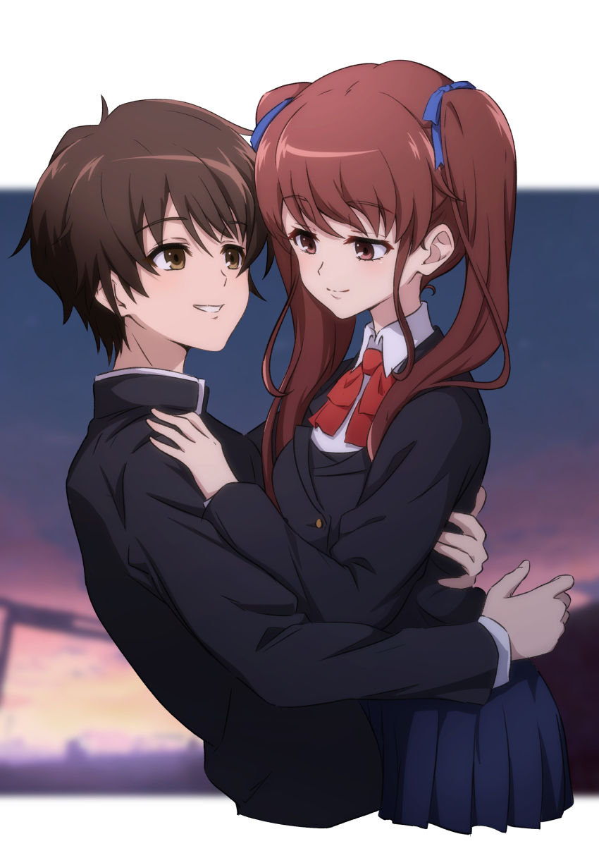 1boy 1girl absurdres akazawa_izumi another black_jacket blue_ribbon blue_skirt border brown_eyes brown_hair closed_mouth collared_shirt commentary_request cropped_torso gakuran grin hair_ribbon hetero highres jacket letterboxed long_hair long_sleeves neck_ribbon nishizuki_shino outside_border pleated_skirt red_ribbon ribbon sakakibara_kouichi school_uniform shirt short_hair skirt smile twintails white_border yomiyama_north_junior_high_school_uniform