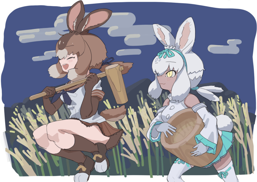 2girls animal_ears bare_shoulders behind_another blue_eyes brown_hair closed_eyes closed_mouth dark_skin detached_sleeves elbow_gloves from_side gloves hair_between_eyes hair_ribbon hairband heterochromia holding holding_mallet japanese_hare_(kemono_friends) jumping kemono_friends kemono_friends_3 kine kunikuni_(kunihiro2005) light_brown_hair long_hair low_ponytail mallet miniskirt mortar_(bowl) multiple_girls night night_sky open_mouth outdoors ponytail rabbit_ears rabbit_girl rabbit_tail ribbon sailor_collar shirt shoes short_sleeves skirt sky smile socks tail thighhighs tsukuyomi_shinshi_(kemono_friends) walking white_hair yellow_eyes zettai_ryouiki