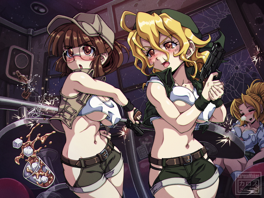 1990s_(style) 3girls aikawa_rumi artist_name bandana bare_hips bare_shoulders belt blonde_hair blush breasts brown_belt brown_eyes brown_hair brown_hat brown_jacket collarbone confused covered_erect_nipples cowboy_shot cropped_jacket cropped_shirt drunk eyebrows eyelashes female_focus fio_germi glasses green_bandana green_jacket green_shorts gun handgun hands_up hat hip_vent holding holding_gun holding_weapon indoors jacket karosu_maker kasamoto_eri looking_afar matching_hair/eyes medium_breasts medium_hair metal_slug midriff multiple_girls navel night night_sky nose_blush open_clothes open_jacket open_mouth own_hands_together ponytail retro_artstyle shirt short_ponytail shorts sky sleeping sleeveless sleeveless_jacket sleeveless_shirt snk standing underboob watermark wavy_hair weapon white_shirt window