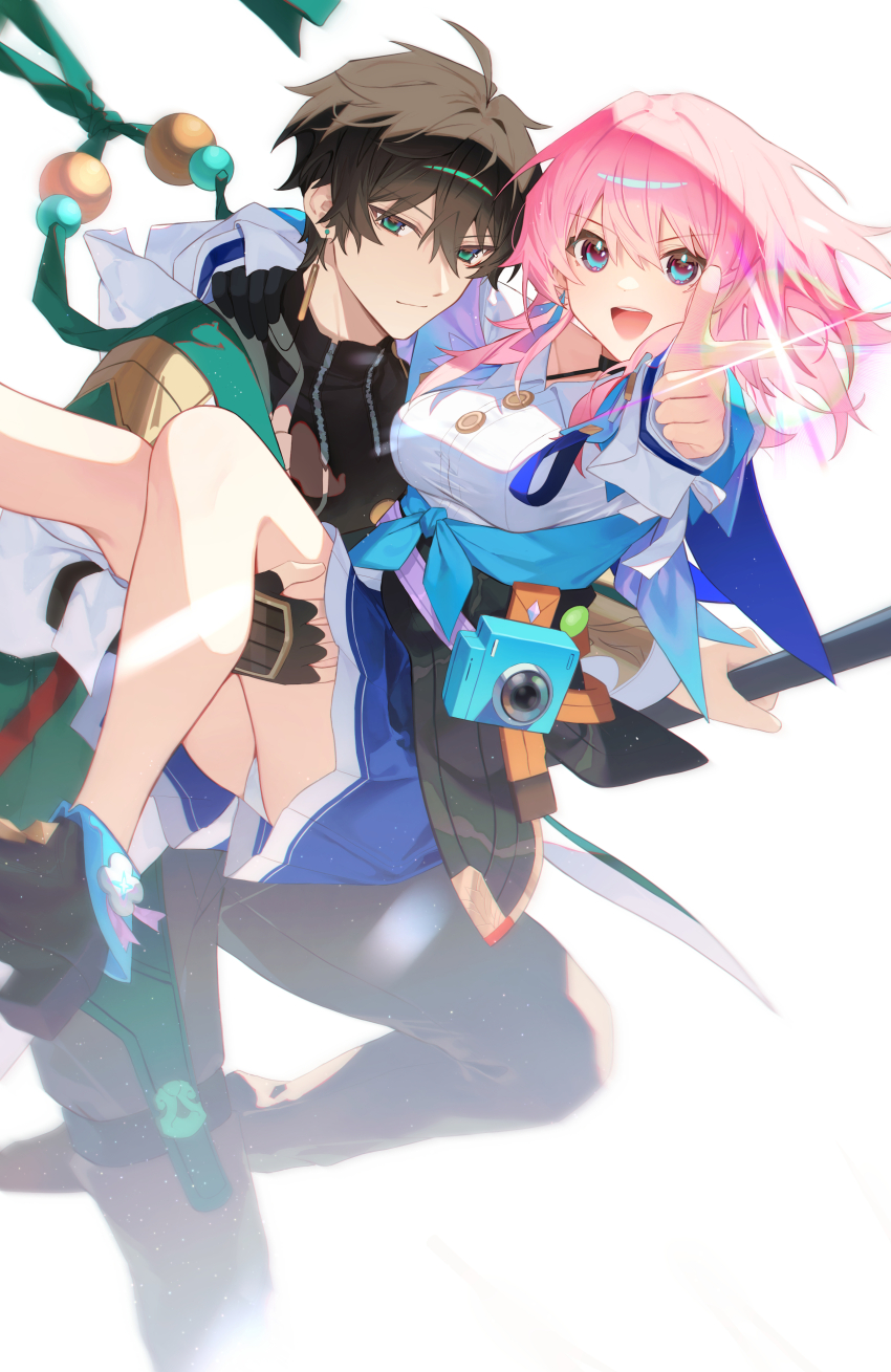 1boy 1girl :d absurdres archery_shooting_glove black_corset black_footwear blue_jacket blue_skirt breasts brown_hair brown_pants camera carrying chinese_clothes closed_mouth commentary_request corset dan_heng_(honkai:_star_rail) earrings flower_ornament gloves green_eyes high_heels highres honkai:_star_rail honkai_(series) jacket jewelry looking_at_viewer march_7th_(honkai:_star_rail) march_7th_(preservation)_(honkai:_star_rail) medium_breasts multicolored_eyes open_mouth pants partially_fingerless_gloves pink_hair pointing pointing_at_viewer princess_carry shirt shotgunman sidelocks simple_background skirt smile tied_jacket two-tone_eyes white_background white_jacket white_shirt