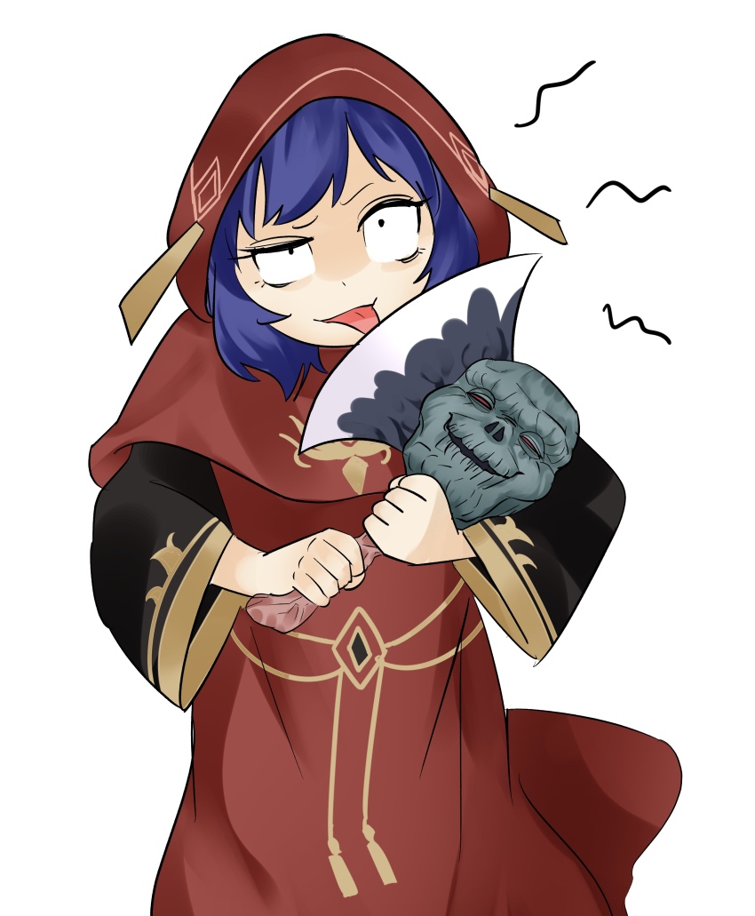 1girl absurdres axe axe_of_despair black_sleeves blue_hair crazy_smile duel_monster highres holding holding_axe licking licking_blade licking_weapon lo_the_prayers_of_the_voiceless_voice looking_at_viewer red_hood red_robe robe sawan_cutman smile solo tongue tongue_out weapon white_background wide-eyed yu-gi-oh!