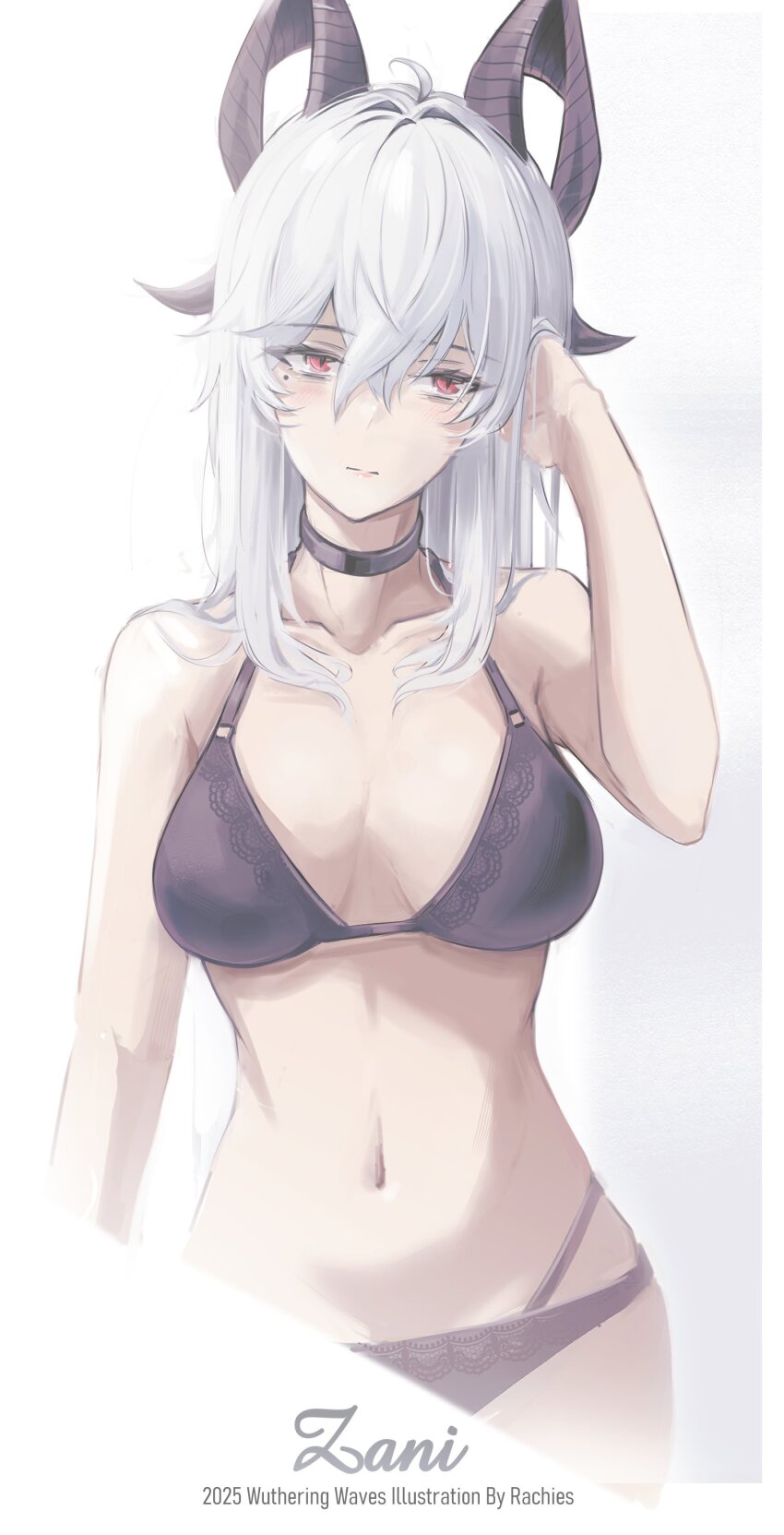 1girl absurdres artist_name bags_under_eyes bare_shoulders black_bra black_choker black_horns black_panties bra breasts character_name choker closed_mouth collarbone commentary curled_horns english_commentary english_text hair_between_eyes highres horns large_breasts mole mole_under_eye multi-strapped_panties navel panties rachies200907 revision solo stomach underwear wuthering_waves zani_(wuthering_waves)
