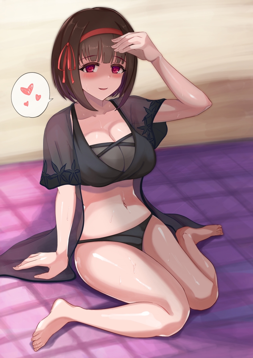 1girl barefoot beach beach_towel bikini black_bikini breasts brown_hair collarbone commentary_request eriko_(princess_connect!) eriko_(real)_(princess_connect!) hair_ribbon hairband heart highres large_breasts looking_at_viewer midriff mononoke_(pixiv53597254) navel princess_connect! red_eyes red_hairband red_ribbon ribbon see-through_clothes shaded_face short_hair sitting solo speech_bubble spoken_heart swimsuit towel wariza