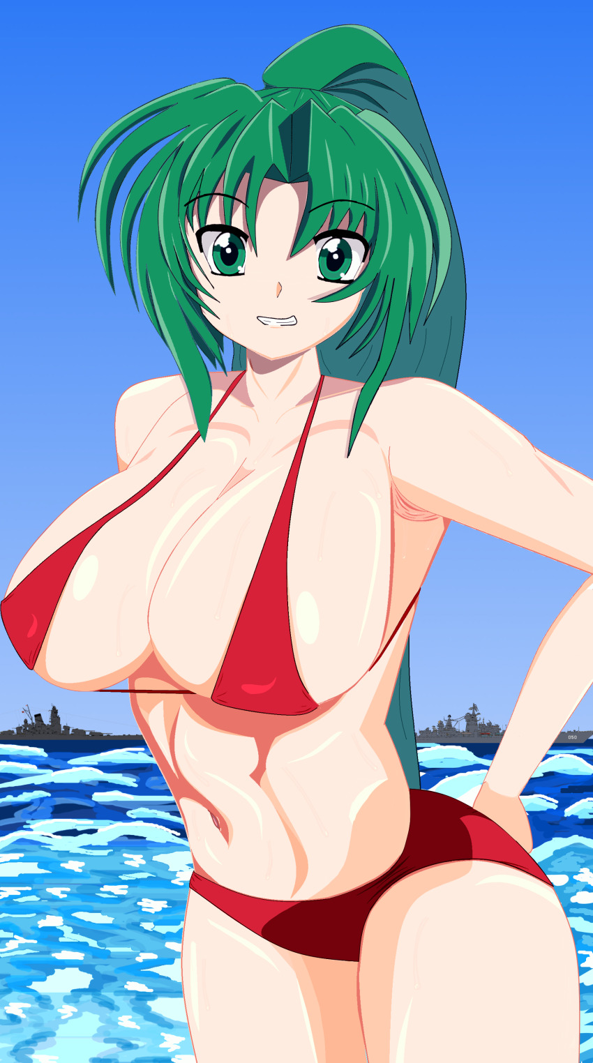 1girl absurdres arm_behind_back bikini breasts cleavage green_eyes green_hair grin highres higurashi_no_naku_koro_ni large_breasts legs long_hair navel ponytail pool red_bikini sideboob smile solo sonozaki_mion swimsuit teeth thighs toned water