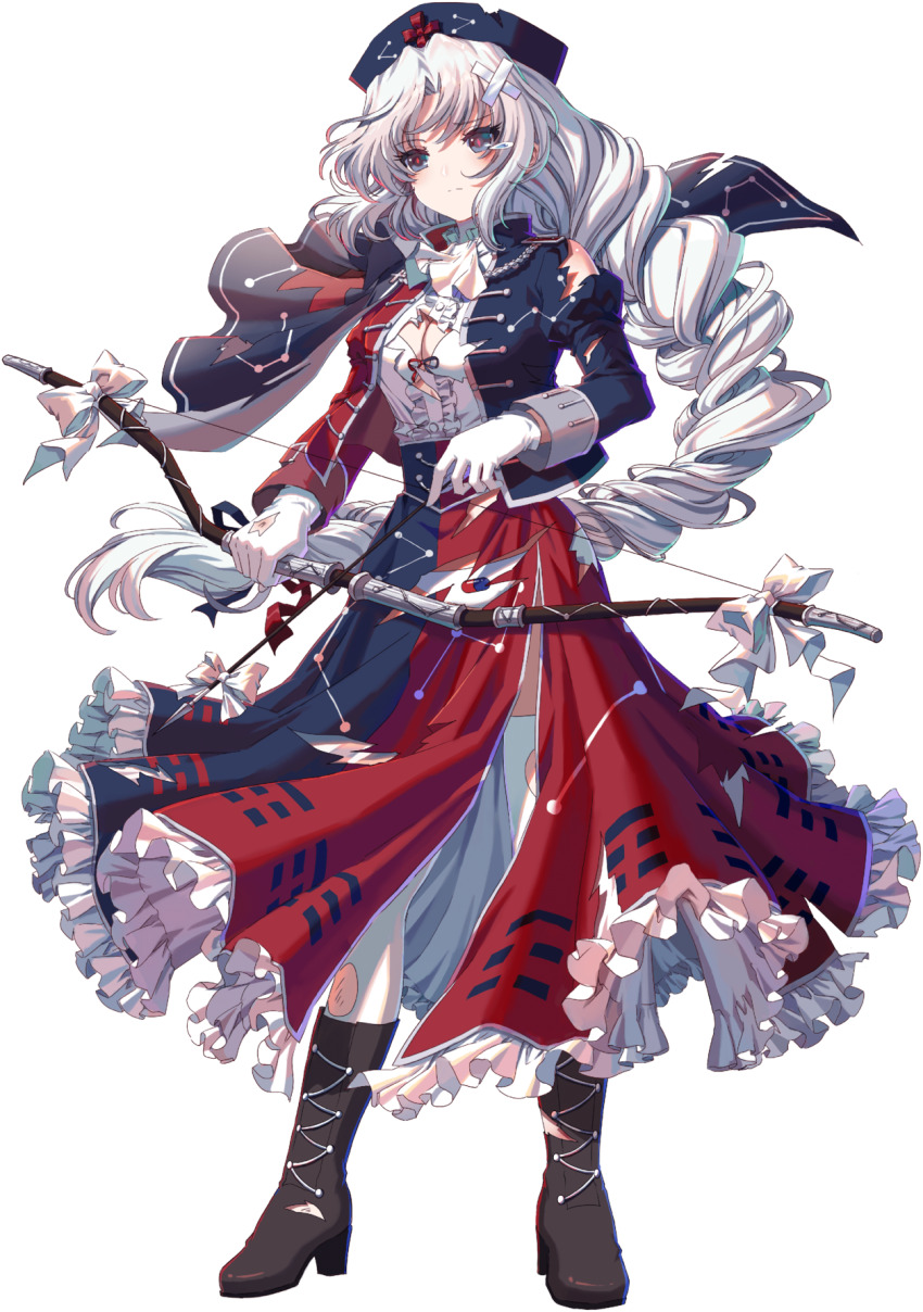 1girl adapted_costume arrow_(projectile) ascot black_boots blue_capelet blue_eyes blue_hat blue_jacket blue_ribbon blue_skirt boots bow_(weapon) bra braid braided_ponytail capelet center_frills constellation_print cross crossed_bandaids frilled_skirt frills full_body game_cg gloves hat high_heel_boots high_heels highres holding holding_arrow holding_bow_(weapon) holding_weapon injury jacket juliet_sleeves kumio long_skirt long_sleeves non-web_source nurse_cap panties pill_print puffy_sleeves red_cross red_jacket red_ribbon red_skirt ribbon shirt single_braid skirt solo tachi-e teardrop thighhighs torn_boots torn_clothes torn_footwear torn_gloves torn_hat torn_jacket torn_ribbon torn_shirt torn_skirt torn_thighhighs touhou touhou_blooming_chaos trigram underwear weapon white_ascot white_bra white_gloves white_hair white_panties white_ribbon white_shirt white_thighhighs yagokoro_eirin zettai_ryouiki