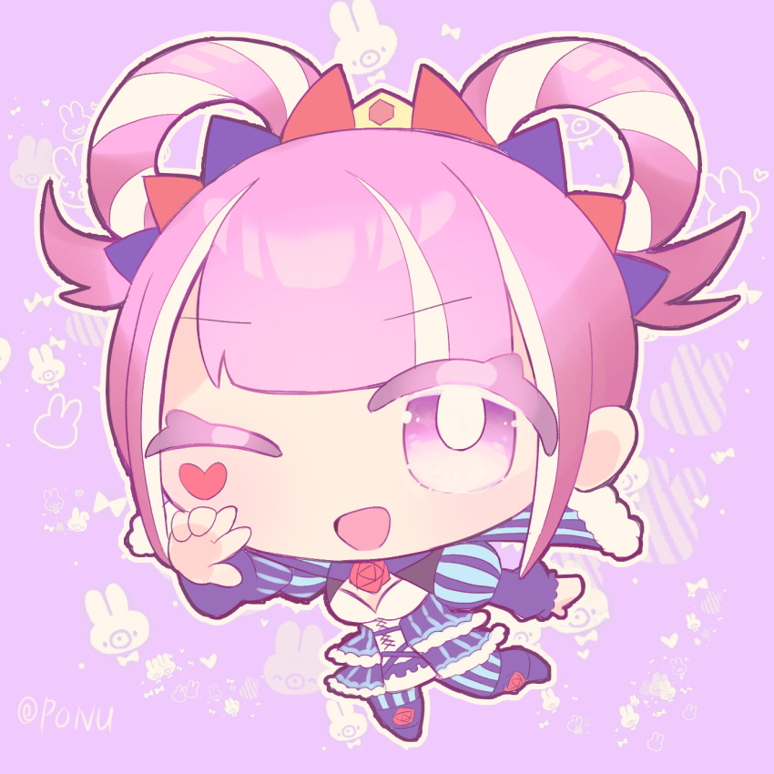 1girl aqua_pantyhose chibi cross-laced_clothes cross-laced_dress dress facial_mark fire_emblem fire_emblem_engage folded_twintails fur_wrist_cuffs hair_flaps hair_rings heart heart_facial_mark highres hortensia_(fire_emblem) looking_at_viewer multicolored_hair multicolored_tiara nintendo one_eye_closed pantyhose pink_eyes pink_hair ponu_(deresuteponu) sidelocks smile solo striped_clothes striped_dress two-tone_hair two-tone_pantyhose vertical-striped_clothes vertical-striped_dress wrist_cuffs