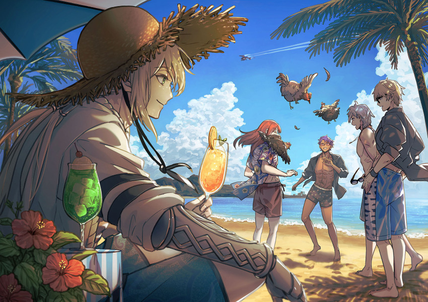 5boys abs animal animal_on_shoulder barefoot beach bedivere_(fate) bird bird_on_shoulder black_male_swimwear black_shirt blonde_hair blue_male_swimwear blue_sky cherry chicken closed_eyes closed_mouth cloud contrail cumulonimbus_cloud cup drink drinking_glass fate/grand_order fate_(series) flower food footprints fruit gawain_(fate) gawain_(scion_of_summer)_(fate) green_eyes grey_hair hand_up hat hawaiian_shirt hibiscus highres holding holding_cup holding_removed_eyewear hurricane_glass ice ice_cube jewelry lancelot_(fate/grand_order) lancelot_(strongest_knight_of_summer)_(fate) lemon lemon_slice long_hair looking_at_another low_twintails male_focus male_swimwear mujou_(mjoysk) multiple_boys necklace ocean official_alternate_costume open_clothes open_mouth open_shirt orange-tinted_eyewear outdoors palm_tree percival_(fate) ponytail_holder print_shirt prosthesis prosthetic_arm purple_hair red_flower red_hair red_male_swimwear shade shirt short_hair short_sleeves sitting sky sleeves_pushed_up smile standing straw_hat sunglasses sweatdrop swim_trunks tan tinted_eyewear topless_male tree tristan_(chicken_of_luluhawa)_(fate) tristan_(fate) twintails unworn_eyewear white_shirt