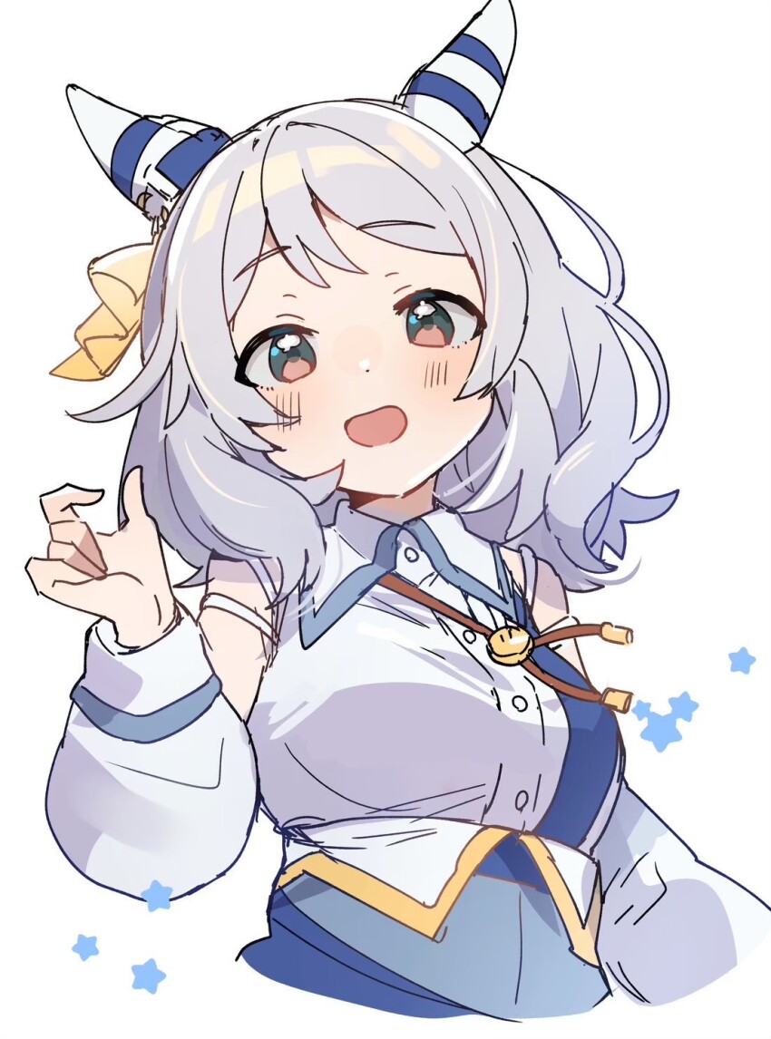 1girl animal_ears blush breasts brown_eyes commentary_request detached_sleeves grey_hair hair_between_eyes hair_ornament highres hishi_miracle_(umamusume) horse_ears horse_girl looking_at_viewer medium_breasts medium_hair open_mouth portrait shirano_akihiro solo umamusume upper_body white_background