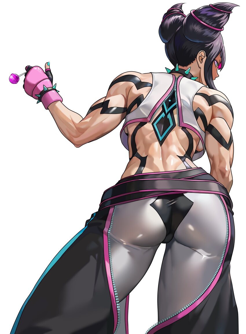1girl absurdres back black_hair candy choker food from_behind from_below hair_horns highres holding holding_candy holding_food holding_lollipop lollipop looking_back pants solo spiked_choker spikes standing street_fighter street_fighter_6 toned toned_female yagi_(joe731842)