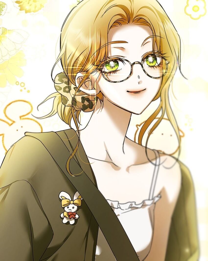 1girl animal_print bag blonde_hair bow cardigan contemporary frilled_tank_top glasses green_cardigan green_eyes hair_ornament hair_scrunchie highres leopard_print looking_at_viewer low_ponytail medium_hair official_alternate_costume official_art ponytail psyche_callista rabbit_pin sam_(cedar_kr) scrunchie shoulder_bag single_bare_shoulder smile solo sparkle tank_top upper_body white_tank_top yellow_bow your_throne
