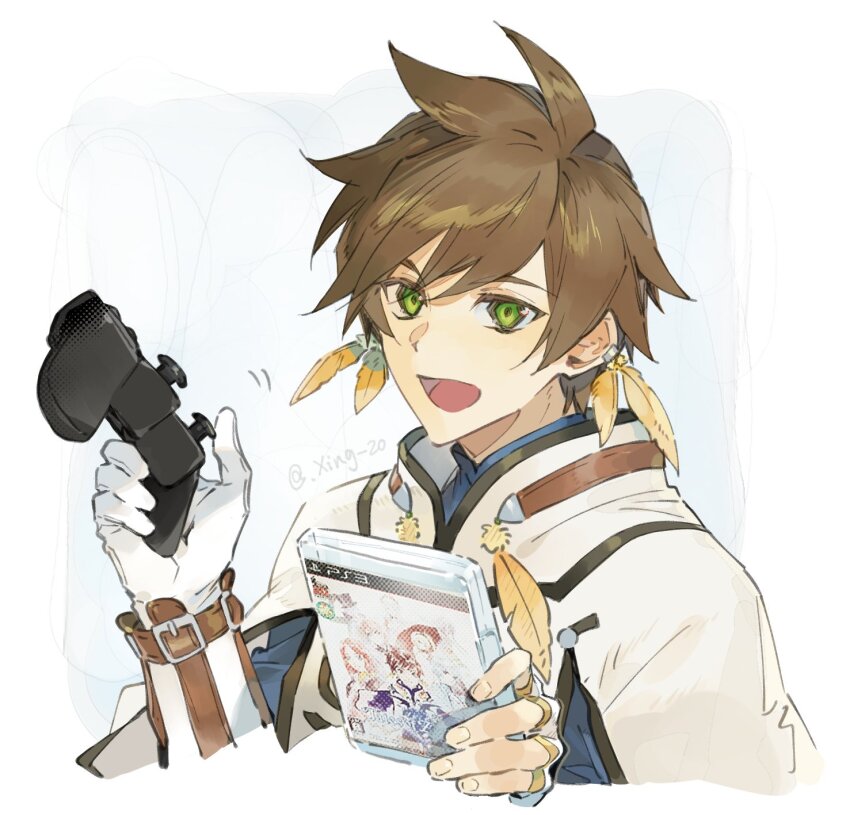 1boy brown_hair controller earclip earrings feather_earrings feathers fingerless_gloves game_controller gloves green_eyes highres holding holding_controller holding_game_controller jewelry male_focus open_mouth playstation_controller shirt short_hair simple_background smile solo sorey_(tales) tales_of_(series) tales_of_zestiria video_game_cover_(object) white_background white_gloves xing_20