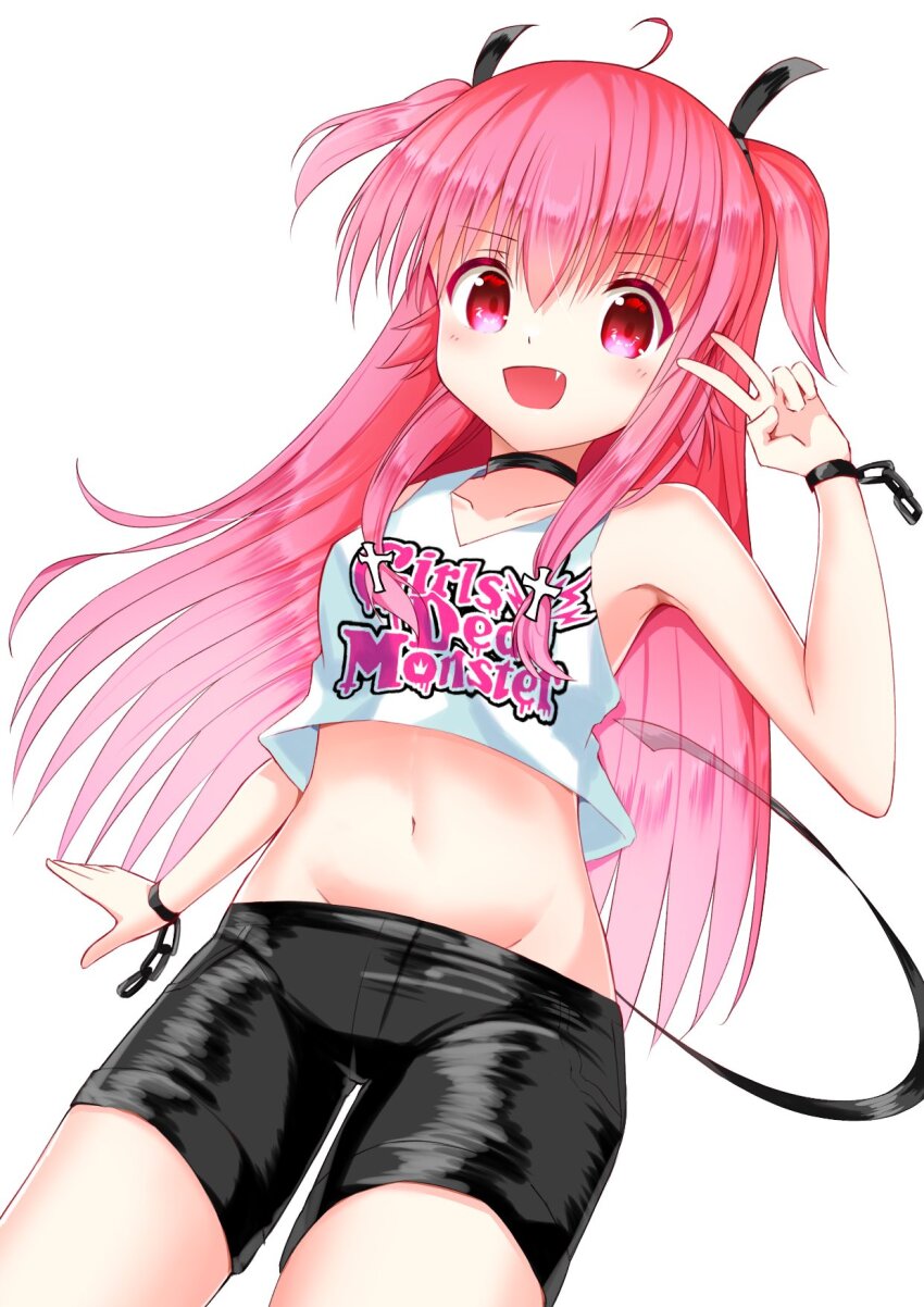 1girl :d ahoge angel_beats! black_choker black_shorts choker clothes_writing cowboy_shot crop_top fang highres long_hair midriff navel open_mouth pink_eyes pink_hair shorts simple_background smile solo tail tank_top v white_background white_tank_top wrist_chain yoanium yui_(angel_beats!)