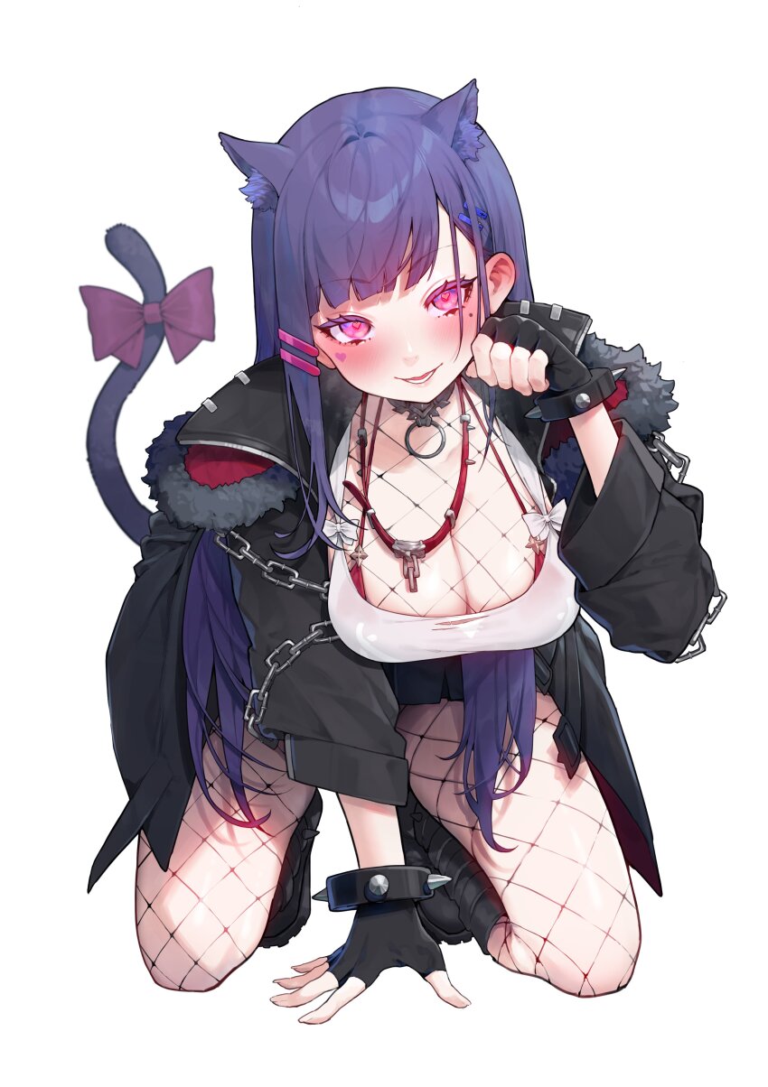 1girl absurdres akuma_nihmune akuma_nihmune_(demon_past) animal_ears black_collar black_gloves black_jacket blush bodystocking bow breasts cat_ears cat_tail cleavage collar commentary english_commentary fingerless_gloves fishnet_bodystocking fishnets fur-trimmed_jacket fur_trim gloves heart heart-shaped_pupils highres indie_virtual_youtuber jacket large_breasts long_hair looking_at_viewer mikan_(chipstar182) mole mole_under_eye open_mouth pink_bow pink_eyes purple_hair second-party_source shirt smile solo symbol-shaped_pupils tail tail_bow tail_ornament virtual_youtuber white_shirt