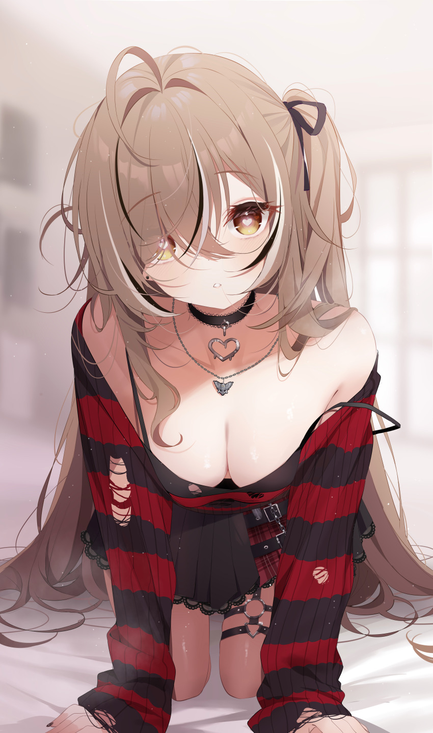1girl absurdres ahoge all_fours black_choker black_hair black_ribbon black_skirt blurry blurry_background breasts brown_eyes brown_hair choker cleavage collarbone commentary deyui english_commentary eyes_visible_through_hair hair_over_one_eye hair_ribbon heart heart-shaped_pupils heart_choker heart_in_eye heart_o-ring highres hololive hololive_english jewelry large_variant_set long_hair long_sleeves looking_at_viewer medium_breasts multicolored_hair nanashi_mumei nanashi_mumei_(emo) necklace o-ring off_shoulder official_alternate_costume one_side_up parted_lips pleated_skirt ribbon shirt skirt sleeves_past_wrists solo streaked_hair striped_clothes striped_shirt symbol-shaped_pupils symbol_in_eye thigh_strap torn_clothes torn_shirt upper_body variant_set very_long_hair virtual_youtuber white_hair