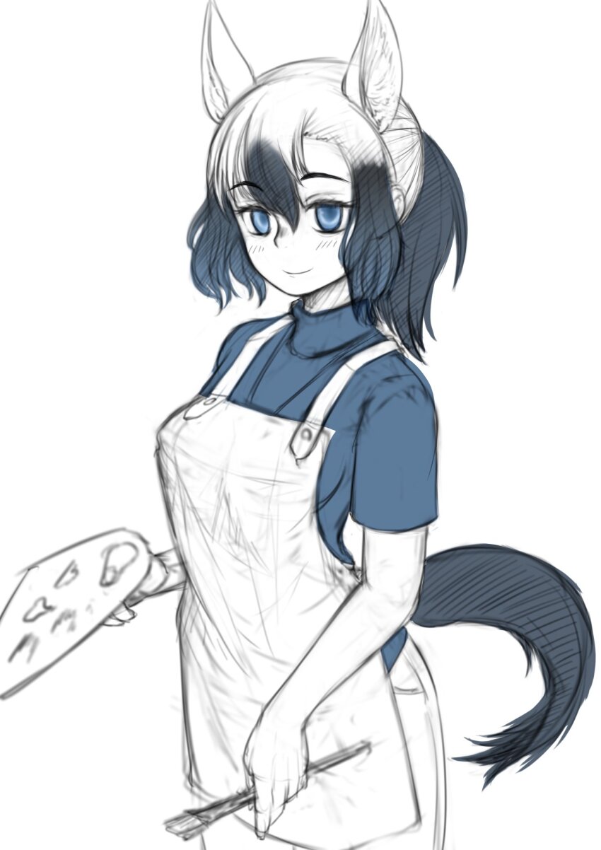 1girl alternate_costume animal_ears aotsuki_tsutome apron blue_shirt blush casual grey_hair hair_between_eyes highres horse_ears horse_girl horse_tail kemono_friends kemono_friends_3 multicolored_hair paint_palette paintbrush pants ponytail shirt short_hair sketch smile solo t-shirt tail tarpan_(kemono_friends) turtleneck white_apron white_hair white_pants