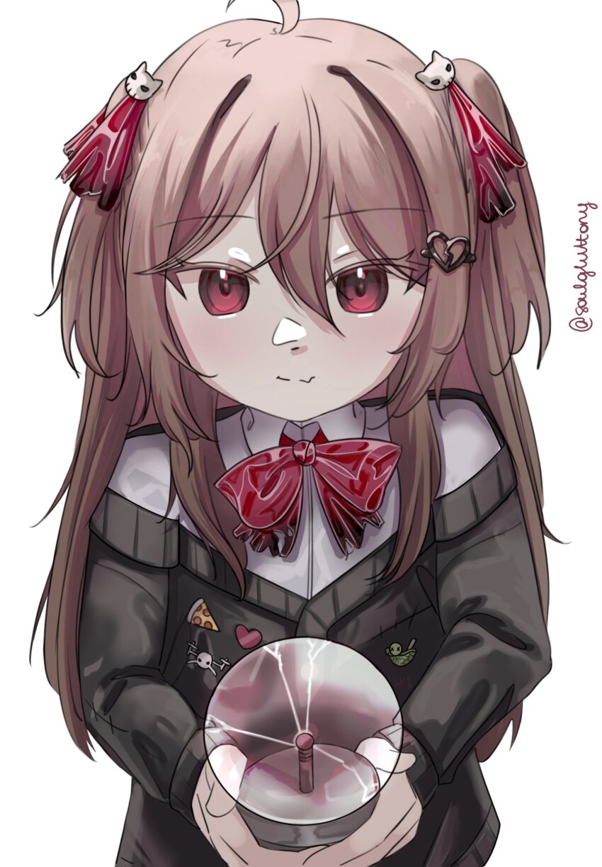 1girl ahoge artist_name black_cardigan bow bowtie broken_heart_hair_ornament brown_hair buttons cardigan closed_mouth collared_shirt commentary dress_shirt english_commentary evil_neuro-sama hair_between_eyes hair_ornament hair_ribbon heart_button highres holding long_hair long_sleeves looking_at_viewer neuro-sama off-shoulder_cardigan plasma_globe red_bow red_bowtie red_eyes red_ribbon ribbon shirt simple_background skull_hair_ornament solo soulgluttony upper_body vedal_ai white_background white_shirt