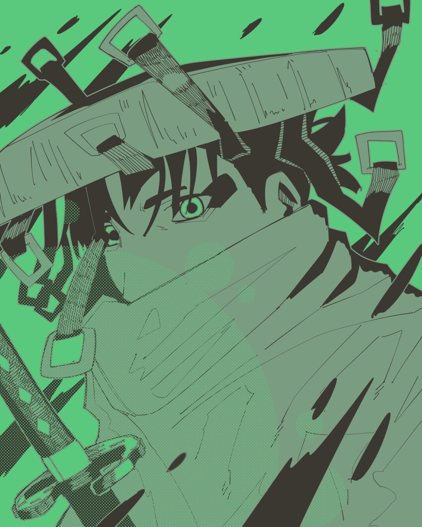 1boy absurdres black_hair blood blood_splatter cloak covered_mouth eyeshadow gabesona green_background green_eyes green_theme highres kagurabachi katana looking_at_viewer makeup male_focus messy_hair parted_bangs ponytail short_eyebrows short_hair solo spot_color strap sword sword_hilt upper_body uruha_youji weapon