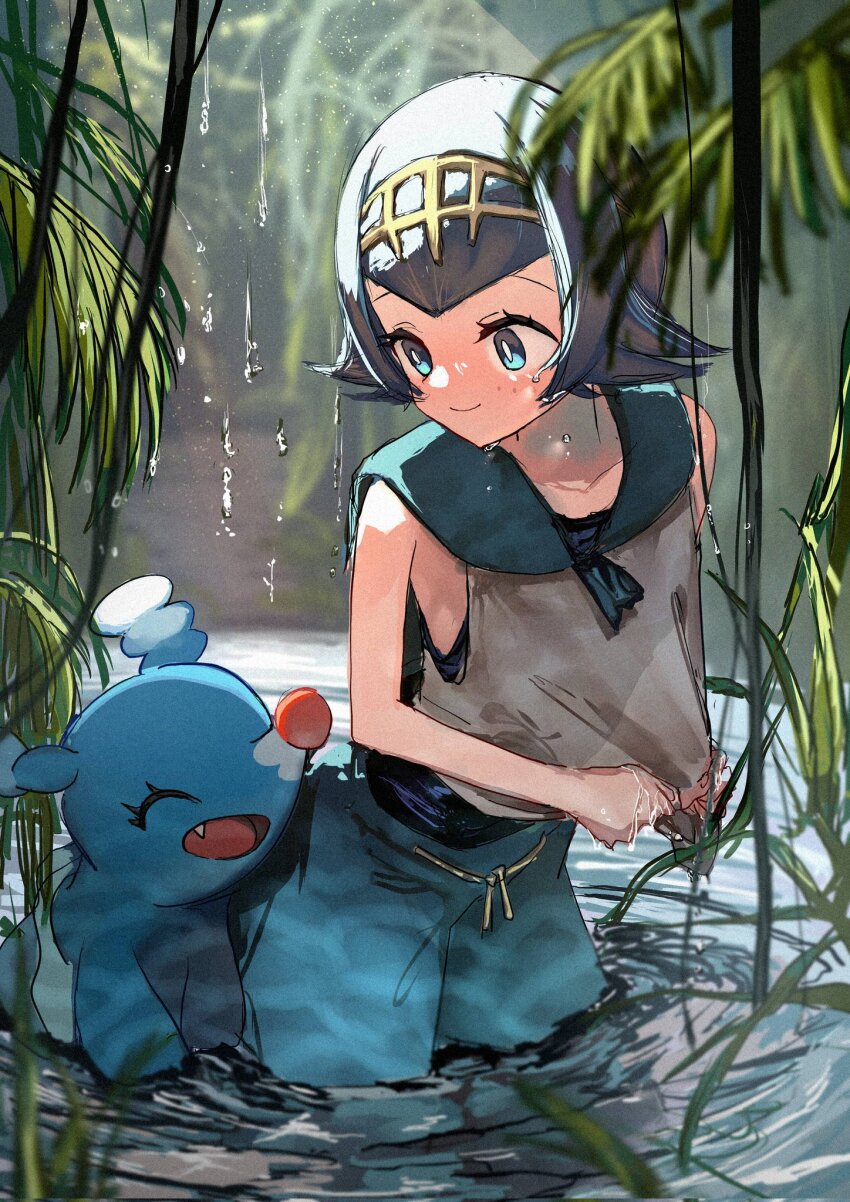 1girl baggy_pants blue_eyes blue_hair brionne circlet closed_eyes fangs gen_7_pokemon highres lana_(pokemon) leaf looking_at_another nintendo one-piece_swimsuit open_mouth palm_tree pants partially_submerged pokemon pokemon_sm seal shiinamirin shirt smile solo swimsuit tree water water_drop wet wet_clothes wet_shirt wetland wringing_clothes