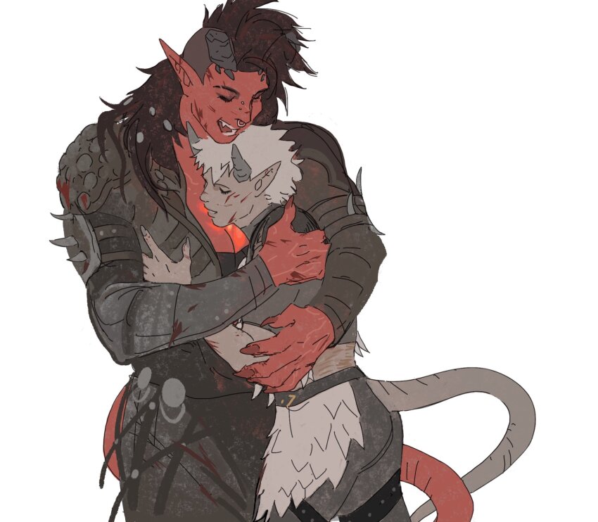 2girls armor baldur&#039;s_gate baldur&#039;s_gate_3 black_hair breasts broken_horn cleavage colored_skin demon_girl demon_horns demon_tail dungeons_&amp;_dragons dungeons_&amp;_dragons grey_hair highres horns huahua_zhu hug karlach multiple_girls muscular muscular_female pointy_ears red_skin short_hair simple_background smile tail tav_(baldur&#039;s_gate) tiefling white_background