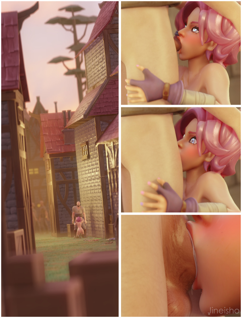 3d absurdres blush comic fellatio highres jineisho maeve_(paladins) nail_polish oral paladins pink_hair