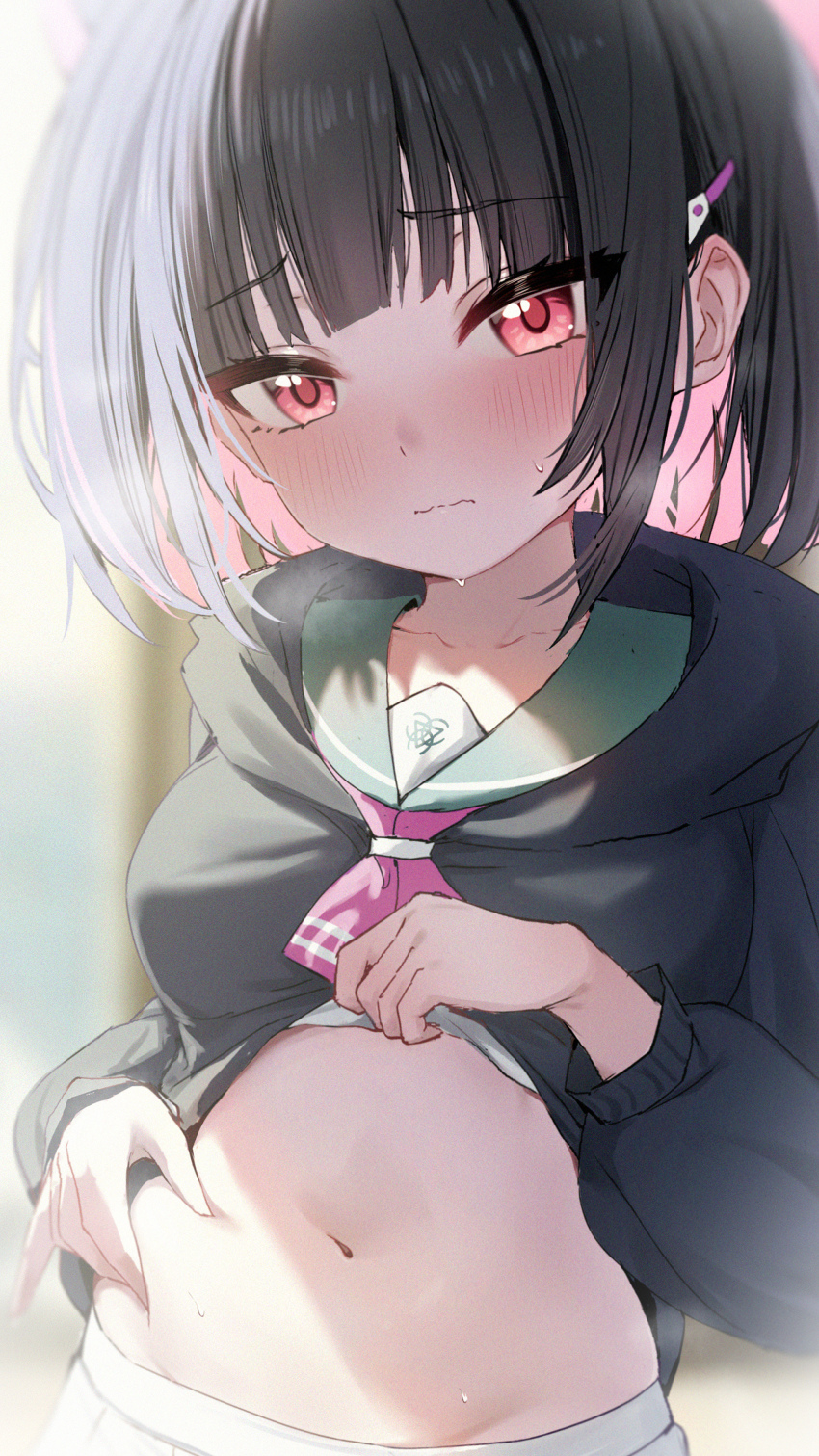 1girl absurdres belly_grab black_hair black_hoodie blue_archive blush closed_mouth clothes_lift colored_inner_hair green_sailor_collar highres hood hoodie hoodie_lift kazusa_(blue_archive) lifting_own_clothes looking_at_viewer multicolored_hair navel neckerchief number-only_commentary pink_hair pink_neckerchief red_eyes sailor_collar shirt_lift short_hair skirt solo stomach two-tone_hair wavy_mouth wendao white_skirt