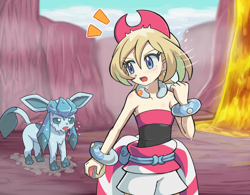 1girl blonde_hair blue_eyes bracelet canyon cloud commentary_request day eyelashes gen_4_pokemon glaceon hair_between_eyes hairband hand_up hisuian_poke_ball holding holding_poke_ball hot irida_(pokemon) jewelry lava looking_back medium_hair melting motion_lines neck_ring nintendo open_mouth outdoors poke_ball pokemon pokemon_(creature) pokemon_legends:_arceus sash shirt shorts sky strapless strapless_shirt sweat takamame tongue white_shorts