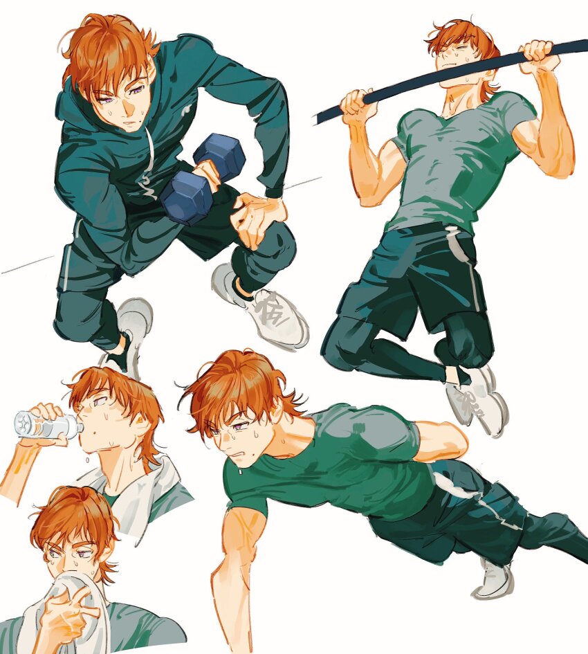 1boy arm_behind_back arm_up bottle commentary_request drinking dumbbell exercising green_shorts grey_shirt gundam gundam_gquuuuuux hand_on_own_leg highres horizontal_bar looking_ahead looking_to_the_side male_focus multiple_views orange_hair purple_eyes push-ups shirt shoes short_sleeves shorts sideways_glance simple_background sitting sneakers sweat t-shirt tkrkve43 towel towel_around_neck very_sweaty water water_bottle weightlifting white_background wiping_face xavier_olivette