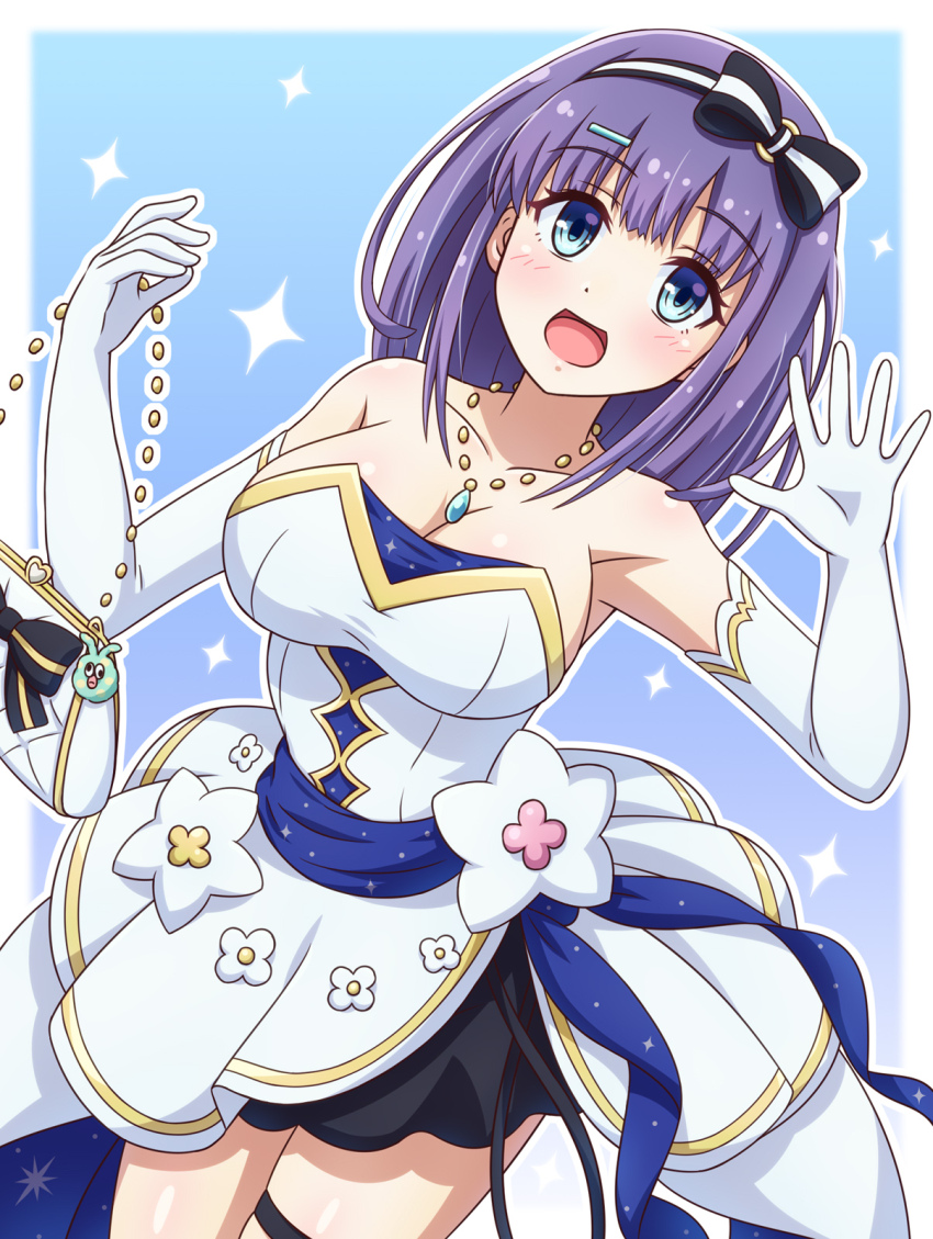 1girl bag black_skirt blue_eyes blue_gemstone blue_sash bow_hairband breasts cleavage dress elbow_gloves flower gem gloves hair_ornament hairband hairclip handbag highres holding holding_bag jewelry large_breasts medium_hair misora_(princess_connect!) necklace off-shoulder_dress off_shoulder open_mouth princess_connect! purple_hair sash skirt solo teardrop-shaped_gem thigh_strap waving white_dress white_flower white_gloves yosuzu